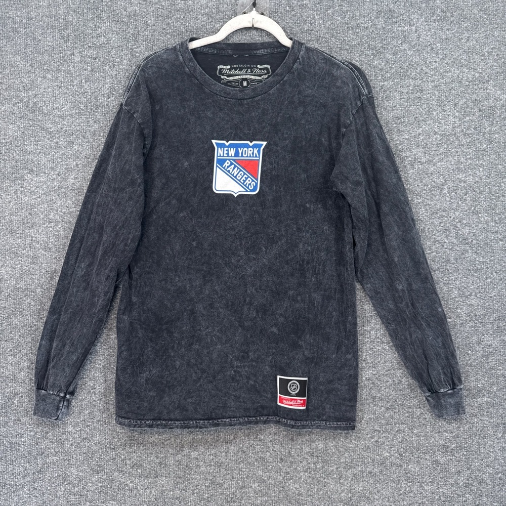 New York Rangers Shirt Mens Medium Gray MItchell and Ness Acid Wash NHL Hockey